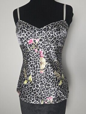 Express Design Studio Satin Silk Y2k Babydoll Cami Leopard Print 92% Silk
